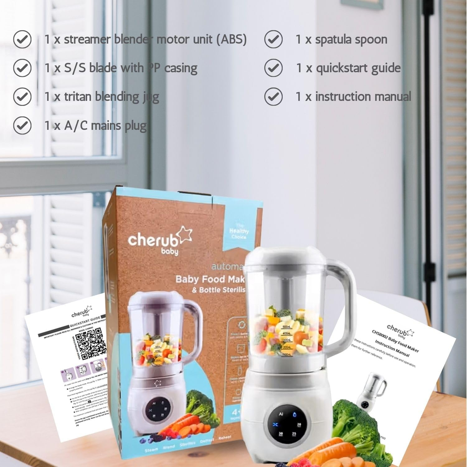 Cherub Baby 4-In1 Automatic Baby Food Maker, Steriliser & Warmer, Puree Maker, Steamer and Blender, Baby Food Processor, Quick Homemade Baby Food