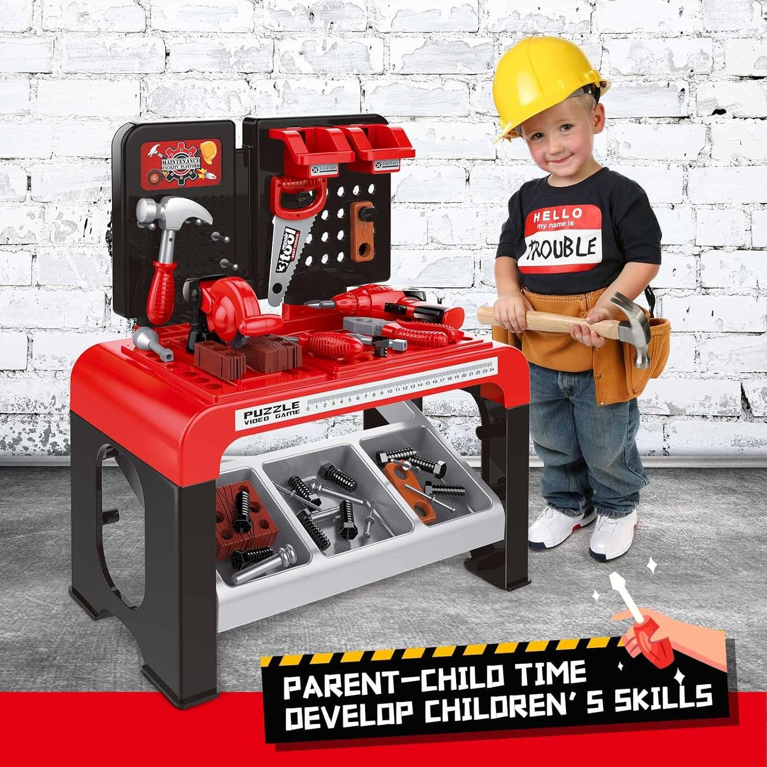 KIDBOT 46Pcs Workbench Tool Table Kids Toy Tool Bench Set, Construction Workshop with Electric Drill and Realistic Tools Toy for 3+ Years Old Kids,Educational Builder Pretend Role Play Toy image number 4