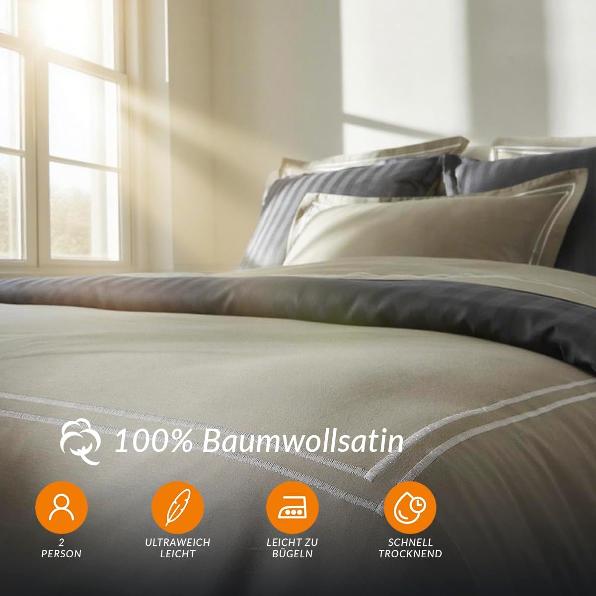 Pure Cotton 3-Piece Double Bedding Set - Duvet Cover 260 X 240 Cm & 2 Pillowcases 63 X 63 Cm - 100% Cotton Satin, 80 Thread Count, 120 GSM - Oeko-Tex Certified - Silhouette - White/Taupe image number 2