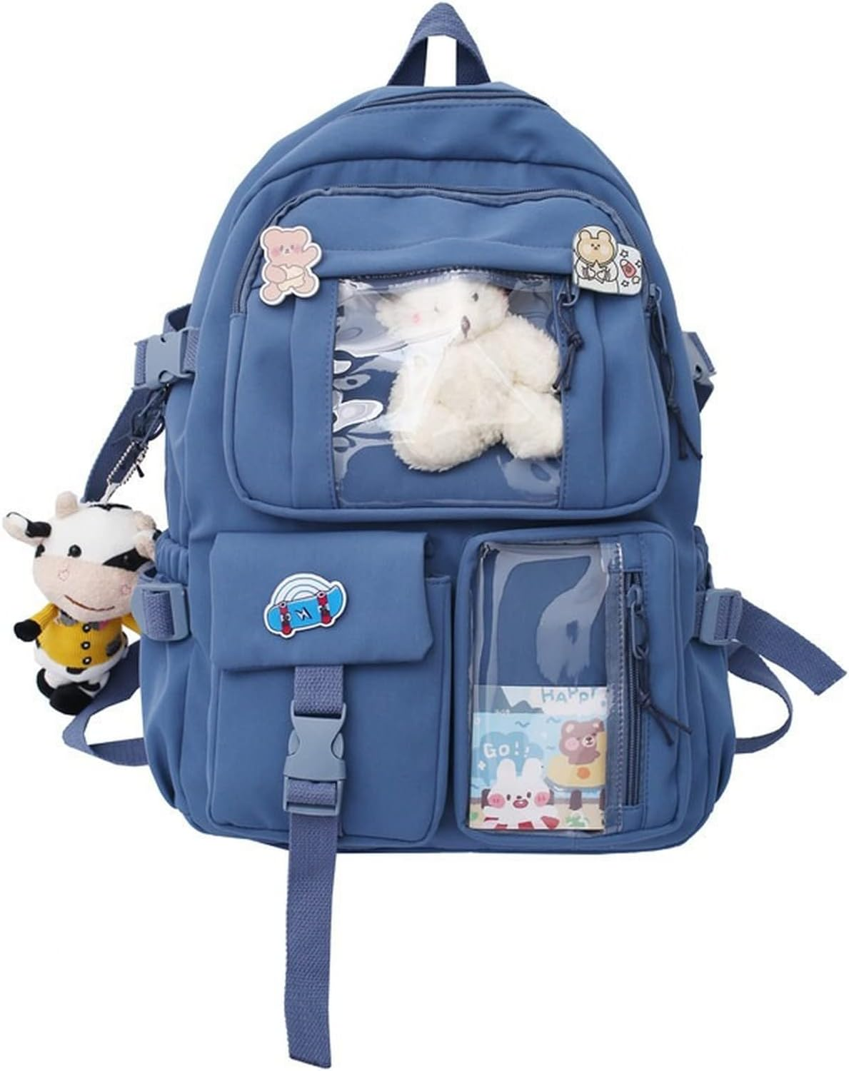Kawaii Backpack Cute Aesthetic Anime with Pins Cow Bear Pendant School Supplies Bag Animal Cartoon Preppy Japanese