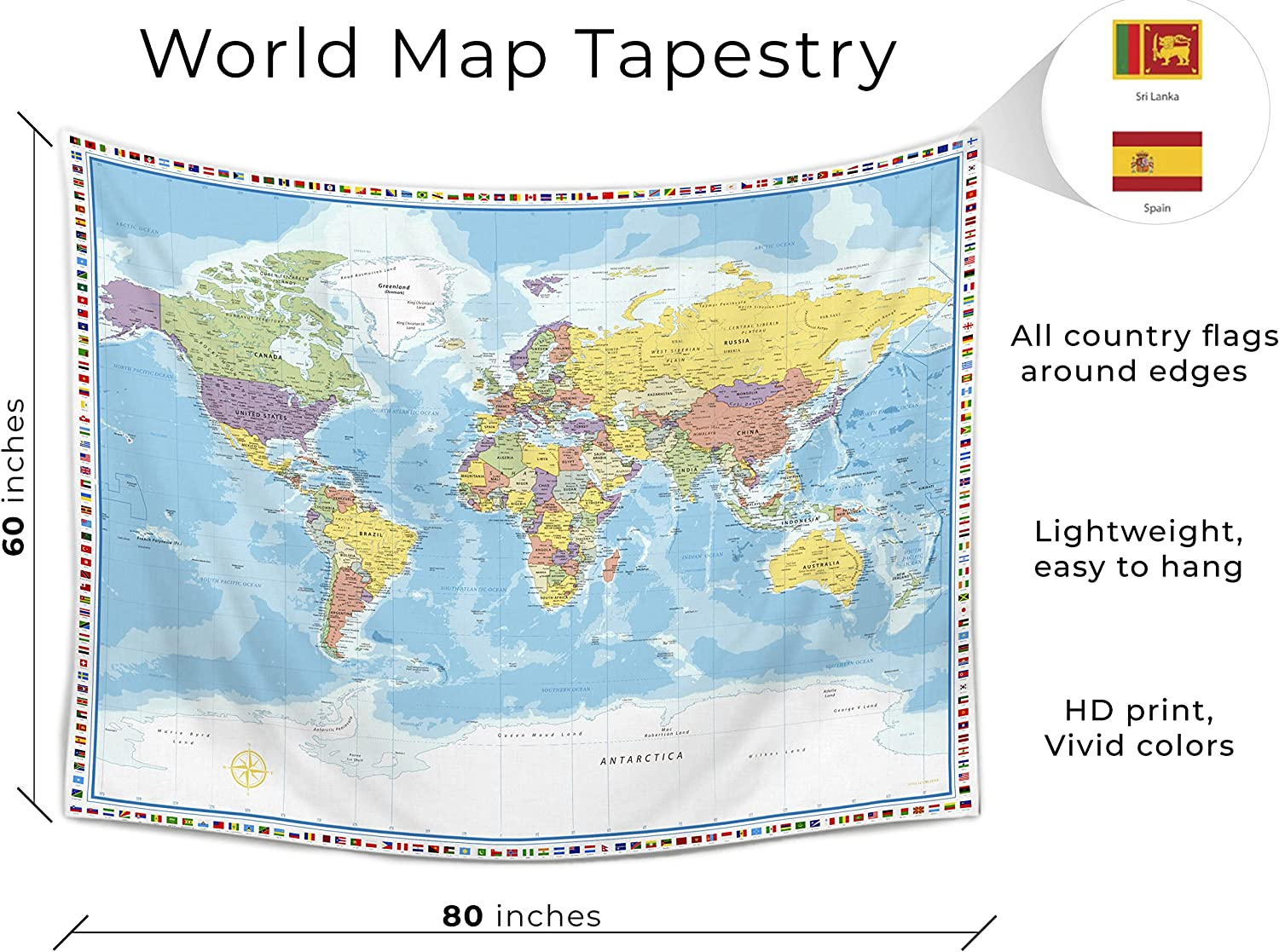 Large World Map Tapestry - Wall Hanging with Country Flags for Kids' Room, Classroom Decor - 60X80 In image number 5