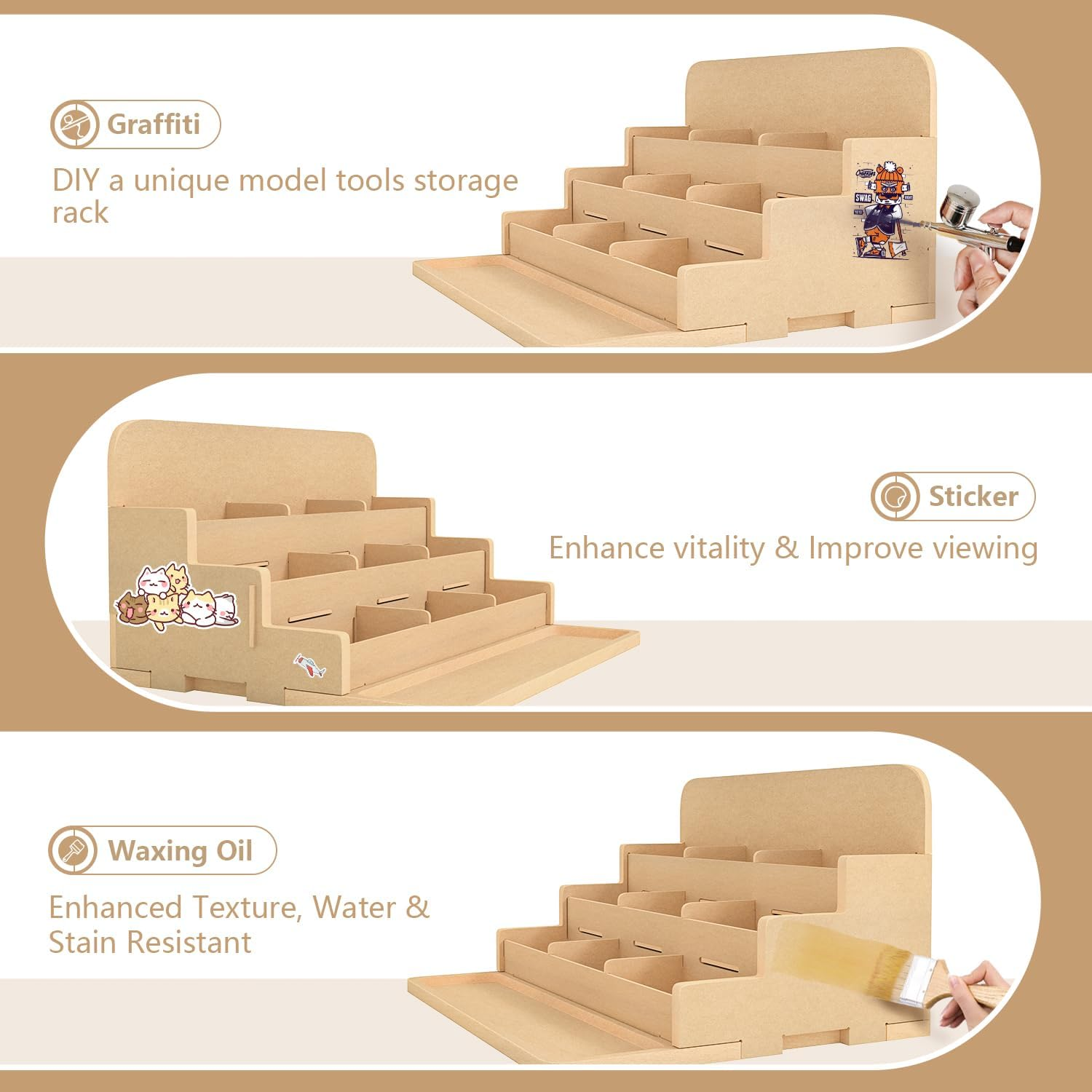 Bucasso Plastic Model Baking Rack, 4 Tier Paint Ink Bottle Paint Tool Storage Kit, MDF Material Model Tool Organizer, Craft Supplies Storage Rack for Tamiya/Gouda Paint and Miniature Model Tools, Gk3 image number 5