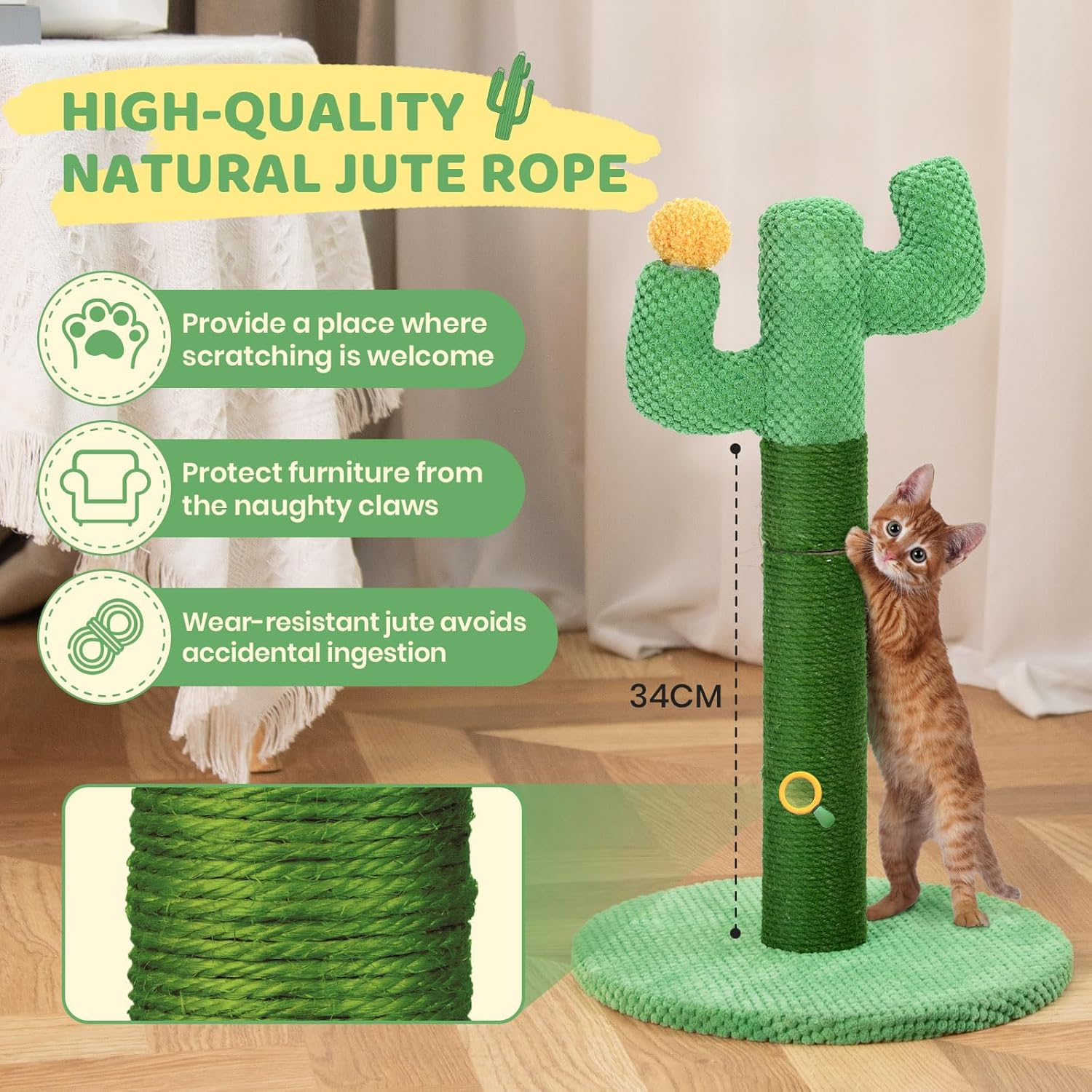 Cat Scratching Post for Indoor Cats - Happy & Polly Cactus Cat Scratch Post in Jute Rope - 50Cm Cat Scratcher with Stable Base for Kittens and Adult Cats image number 1