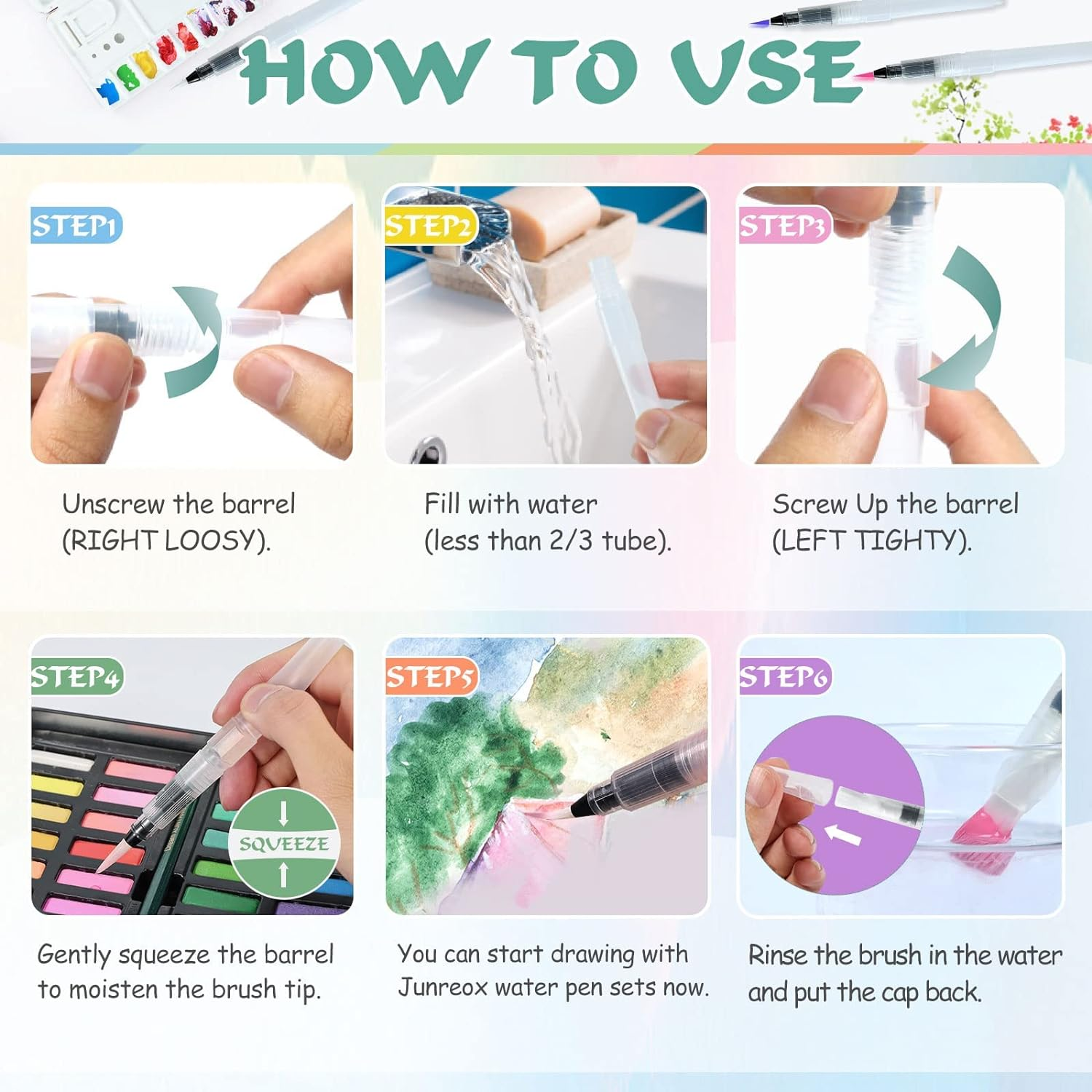 Premium Watercolor Brush Pens Set - 12Pcs Leakproof Water Brush Pen with Assorted Tips, Refillable Paint Pens for Arts, Value Set image number 5