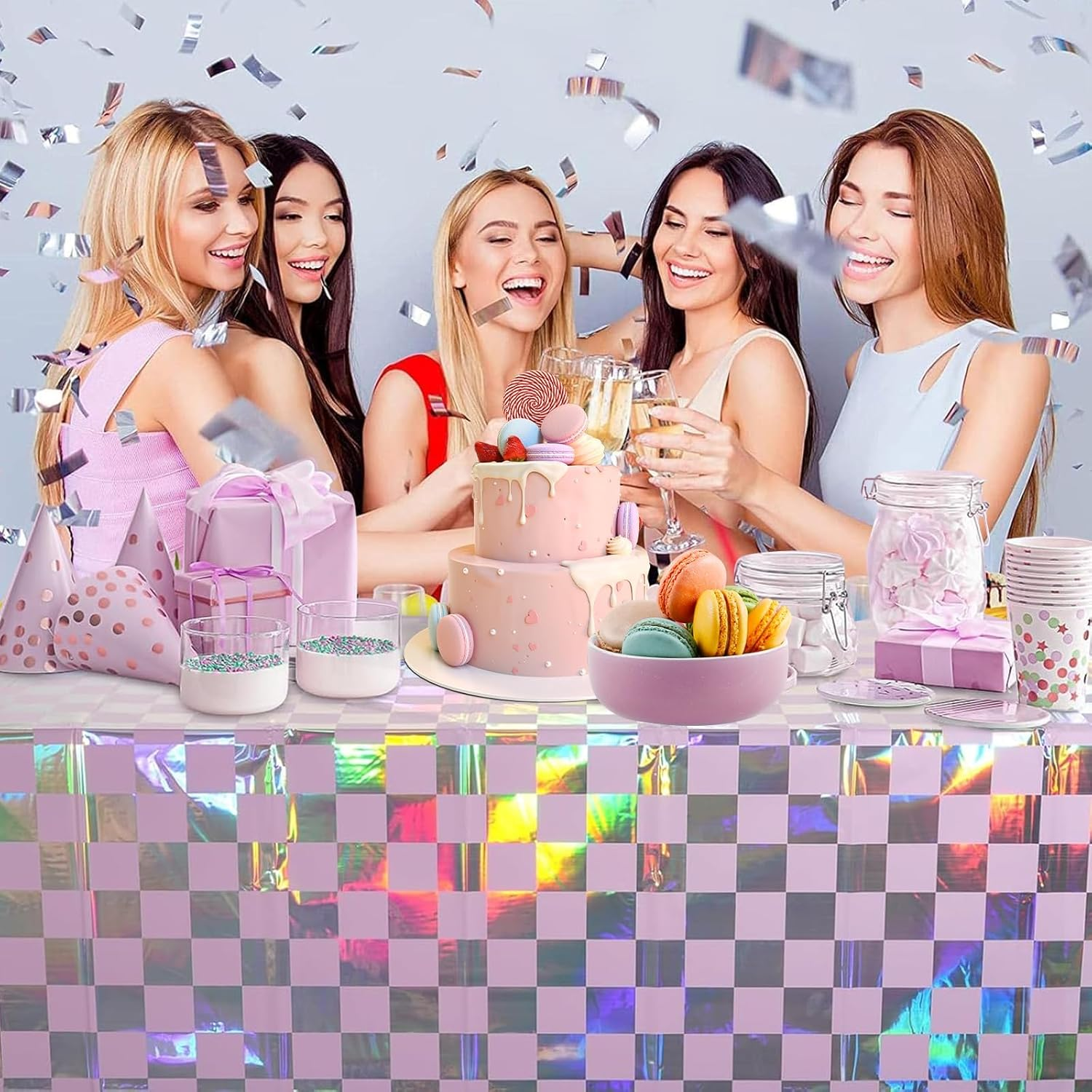 OQOQ Iridescent Checkered Tablecloth (4 Packs, Pink&Sliver) - 108X54 Inches Pink Iridescent Party Decorations Table Cloth Disposable Plastic Table Cover for Birthday Bachelorette Princess Party