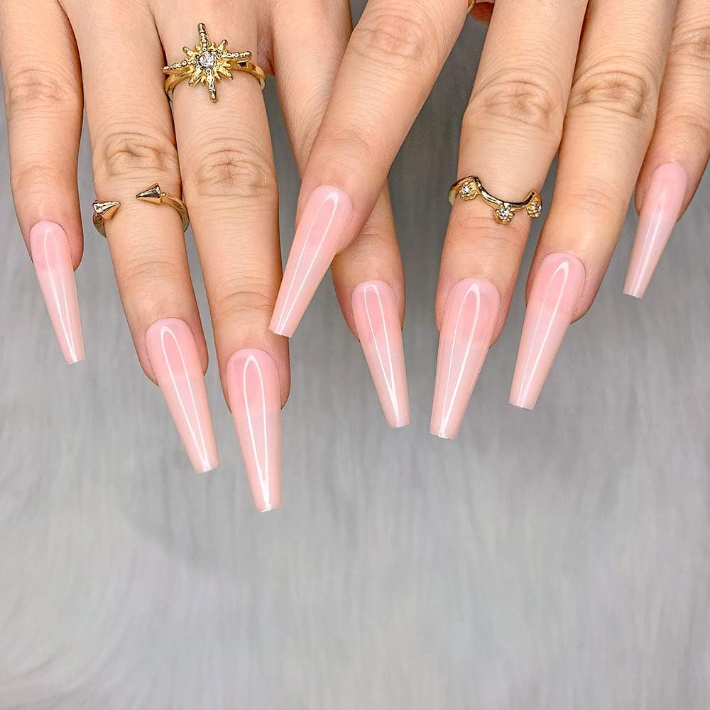 Artquee 24Pcs Light Nude Clear Pure Color Ballerina Long Coffin Glossy Fake Nails Press on Nail False Tips Manicure for Women - Cb-14 image number 5