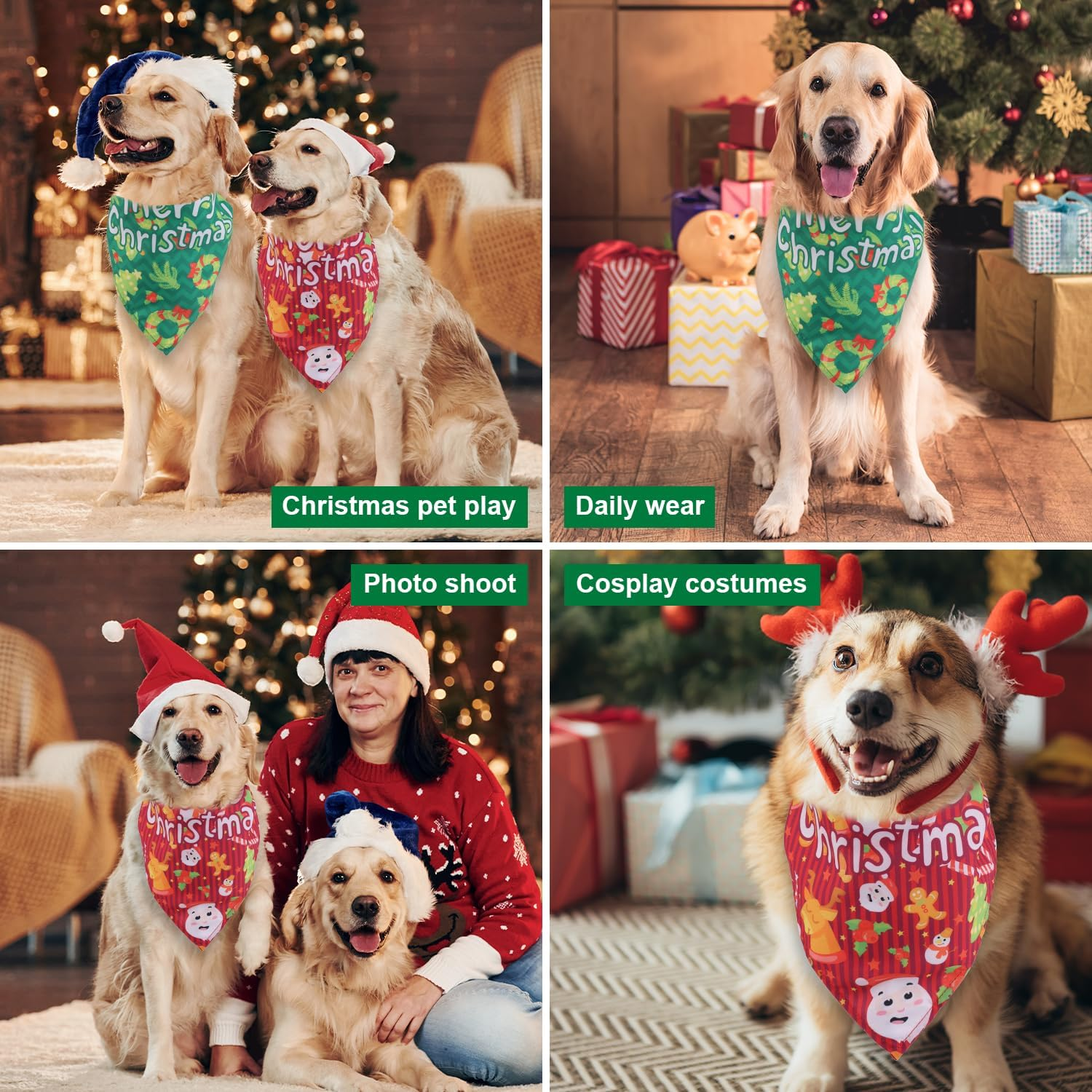 2Pcs Christmas Dog Bandannas, Merry Christmas Plaid Print Pet Triangle Scarf Adjustable Washable Holiday Xmas Costume for Small Medium Large Dog & Cat (Style A) image number 6