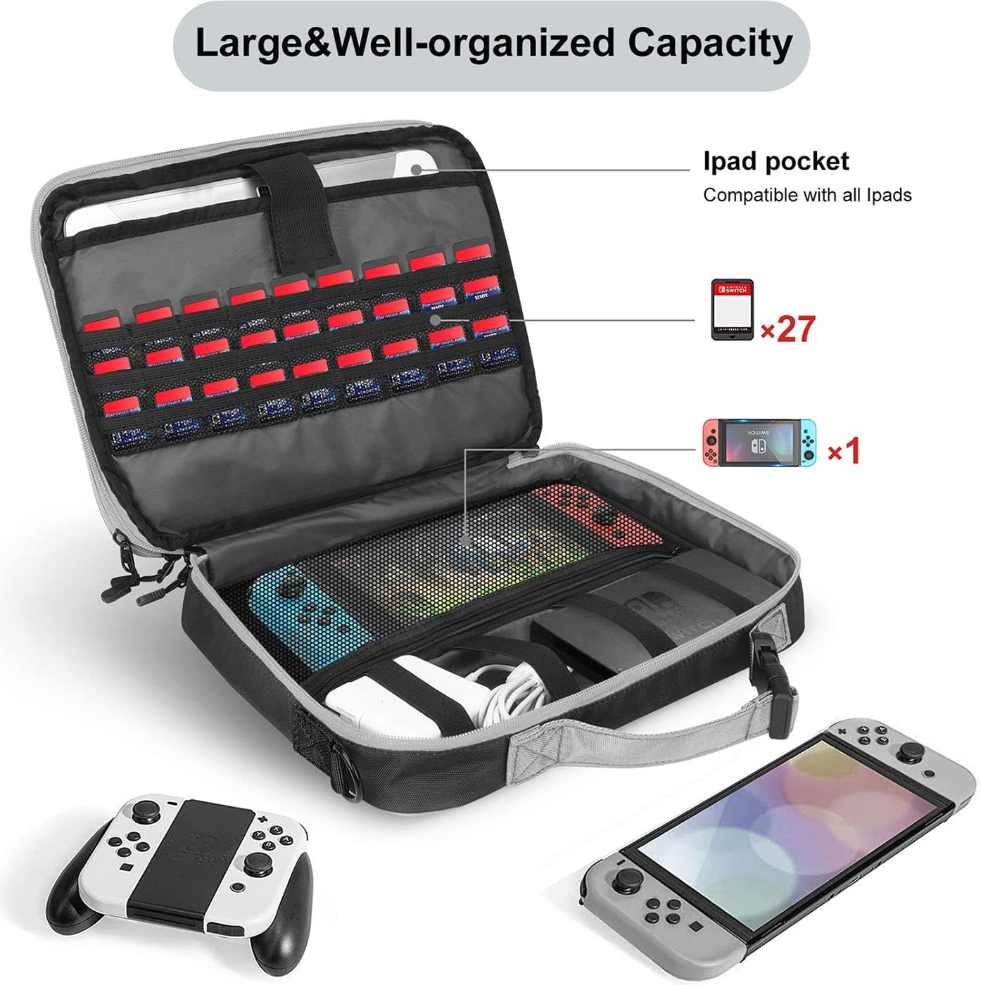 Double Layer Travel Cable Organizer Bag, Storage for Switch,Electronic Bag for 11.6&rsquo;&rsquo;Laptop,Table -Gray with Black image number 5