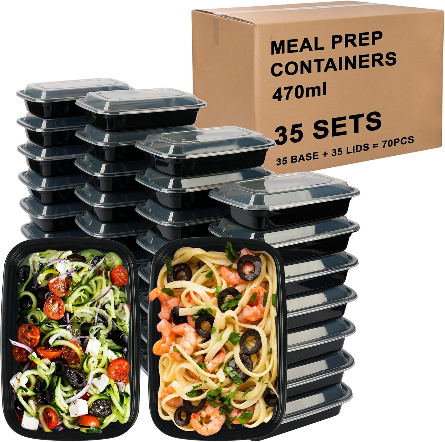 Okam Meal Prep Container Bpa-Free - Pack of 35 Reusable, 470Ml Plastic Food Prep Containers Storage Boxes, Dishwasher, Microwave & Freezer Safe, Use for Meal Planning & Food Prep, Black with Clear Lid image number 3