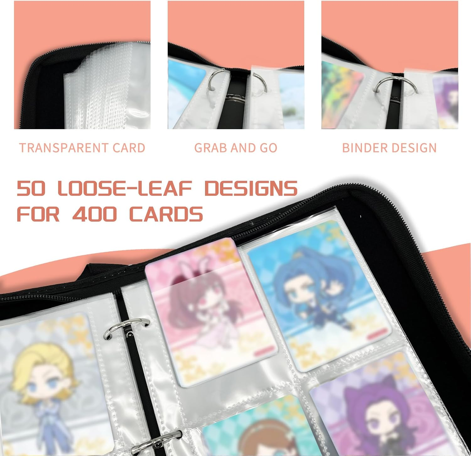 Trading Card Binder, Cards Holder 400 Pockets Card Folder with Zipper 50 Pages Removable Sleeves for Card Collection, Game Boy Girl Birthday Gifts Cool Loose-Leaf - Red image number 5