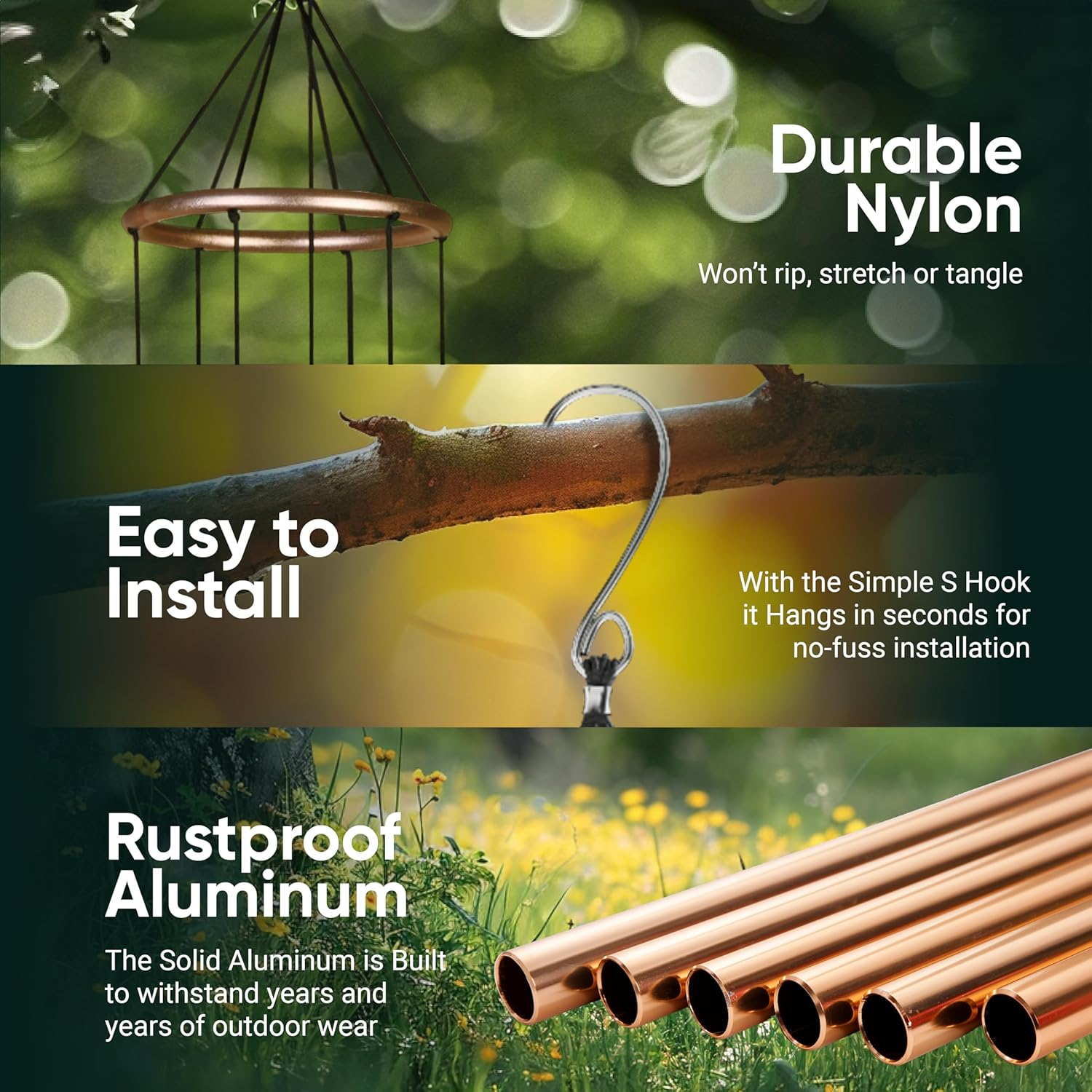 Nature&rsquo;S Melody Aureole Tunes Wind Chimes &ndash; Outdoor Windchime with 6 Tubes Tuned to E Pentatonic Scale, 100% Rustproof Aluminum, Powder Finish & S Hook Hanger for Sympathy, Memorial Gift or Zen Garden image number 4