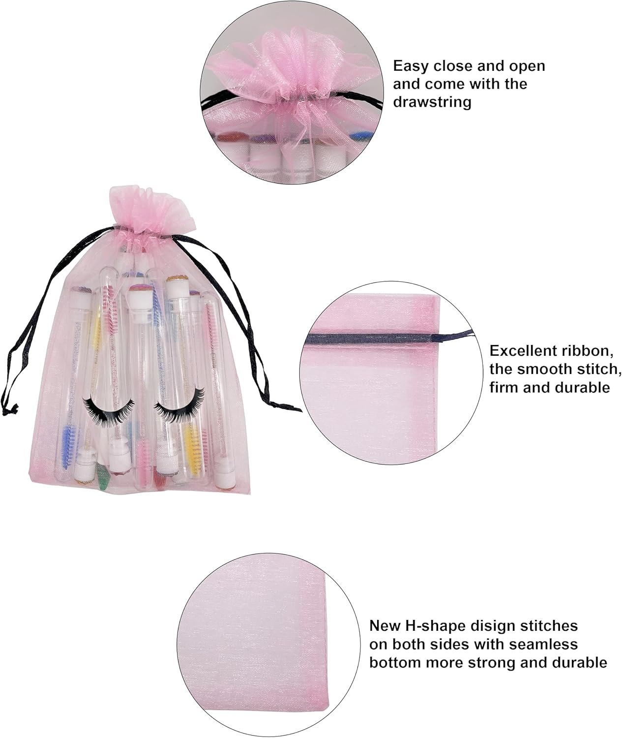 Jexila 100 Pack Pink Lash Bags for Clients Eyelash Aftercare Lash Extension Kit Bags Pink Mesh Makeup Bag with Drawstring Cosmetic Organza Gift Bag for Small Business Supplies image number 3