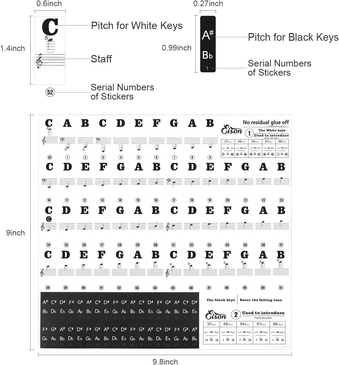 Piano Stickers for Keys, Eison Full Set Piano Keyboard Stickers for 88/61/54/49/37 Keys Removable with Numbers, Leaves No Residue, Color Black,Great Children'S Gift image number 1