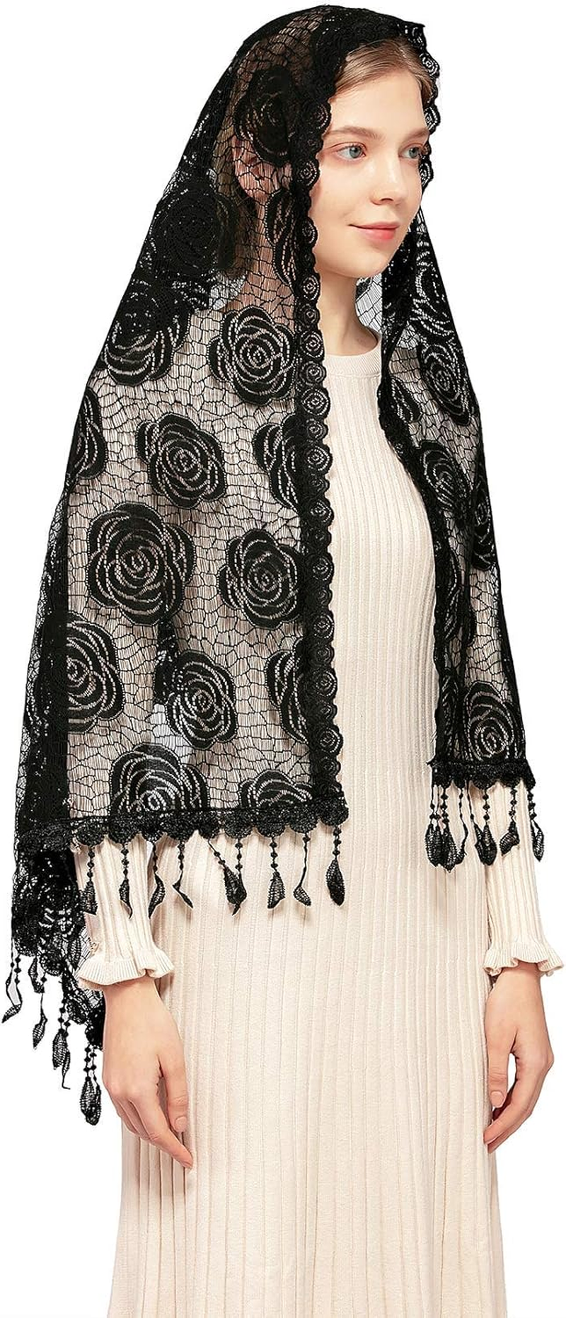 Wgior Rose Rectangular Chapel Veil Scarf Catholic Church Veils Mantilla Wrap Shawl Mass Head Covering image number 2