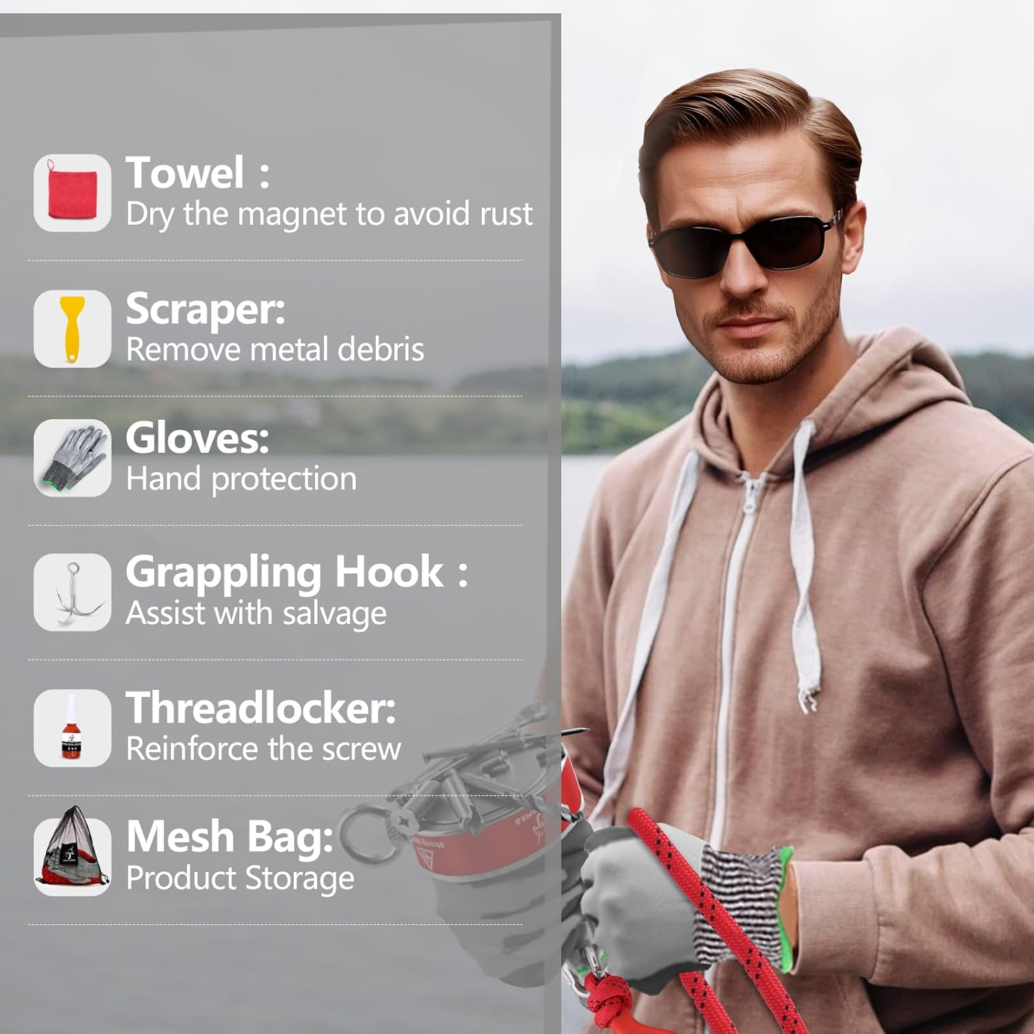 Unicornmag Magnet Fishing Kit | 2200LBS Double Sided Strong Magnet | 65 Ft Rope | Strong Magnets for Treasure Hunting & Underwater Cleaning | Ideal for Magnet Fishing Hobbyists image number 6