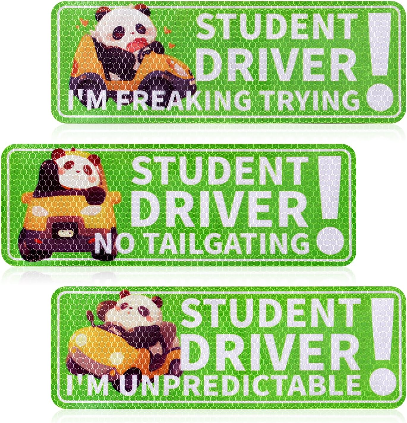3Pcs Reflective Magnetic Car Stickers, 10.04X3.5In Premium Magnet Cute Panda Pattern Car Magnetic Stickers Safety Signs Suitable for Student Car Novice Drivers(Green) image number 6