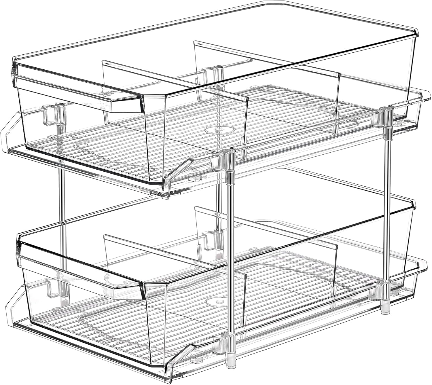 2 Tier Clear Organizer with Dividers for Cabinet, Shlef, Counter - Multiuse Slide-Out Storage Container - Kitchen, Pantry, Medicine Cupboard Bins, Bathroom, Vanity Makeup, under Sink Organizing image number 5