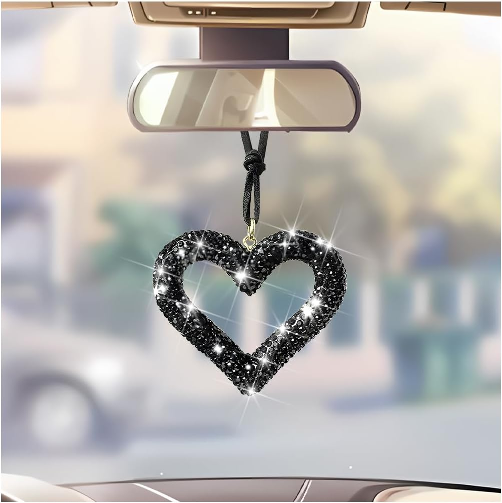 Mandark Bling Heart Car Hanging Accessories, Crystal Rhinestone Vehicle Rear View Mirror Charm Pendant Ornaments, Cute Diamond Auto Interior Hanger Decoration for Women Girls（Wine Red）