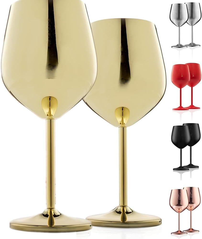 Stainless Steel Wine Glass - 18 Oz - Unbreakable Wine Glasses for Travel, Camping and Pool, Unique and Cool Portable Metal Wine Glass for Outdoor Events, Picnics (Gold, (Pack of 2))