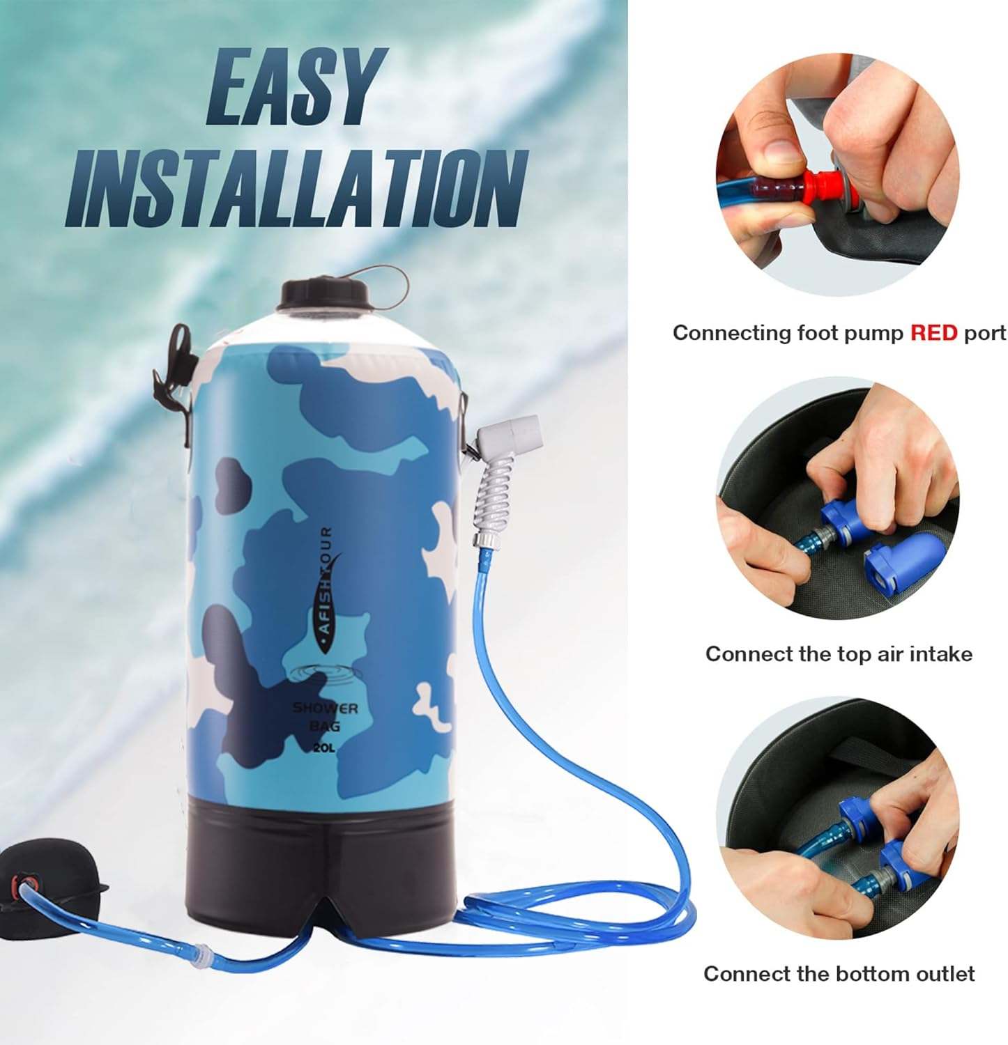 Portable Camping Shower Bag - 20L/5 Gallons Solar Shower Water Bag with Foot Pump, Hose and Shower Head - Camp Shower for Camping, Beach, Swimming, Hiking, Outdoor Trips (Pink) - 20L Grey image number 5