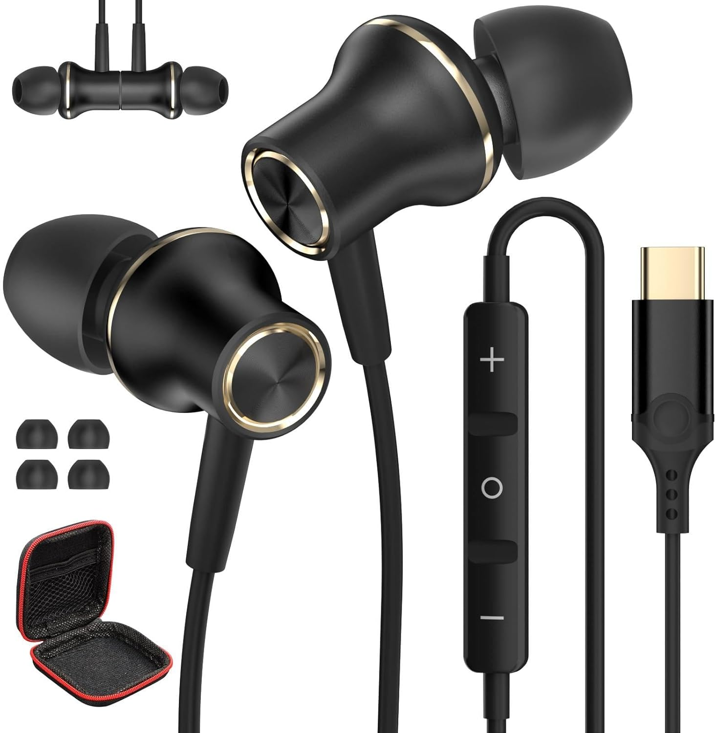 USB C Wired Headphones for Samsung Galaxy S25 S24 Ultra S23 S22 A56 A16 A17, In-Ear Headphones with Microphone and Volume Control Tye C Earphones for Iphone 17 Pro Max 16 15 plus for Oneplus Black