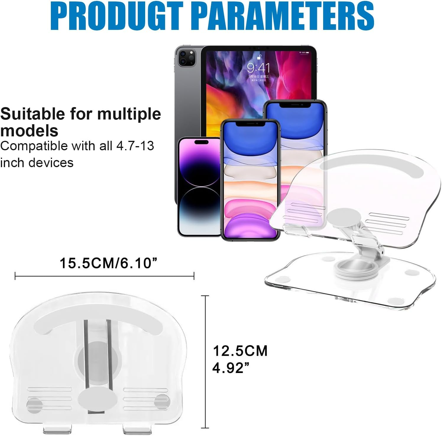 360&deg; Adjustable Portable Laptop Stand, Aluminum Acrylic Tablet Stand for Desk, Compatible with All 4.7-13" Devices, with Enhanced Stable Base (White) image number 5