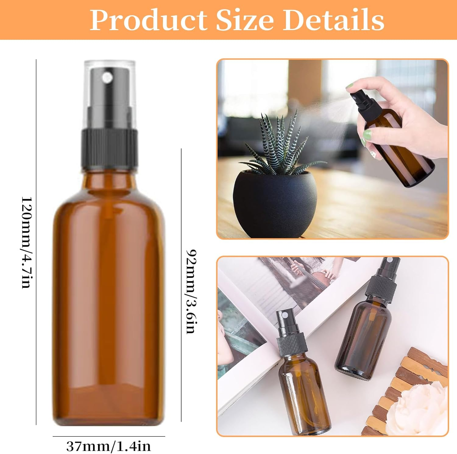 6 PCS Amber Glass Spray Bottles with Fine Mist Sprayer & Dust Cap, Refillable Empty Containers Bottles for Essential Oils, Skin Care, Perfume, Cosmetics, Beauty & Cleaning Atomizer Bottle (50ML)