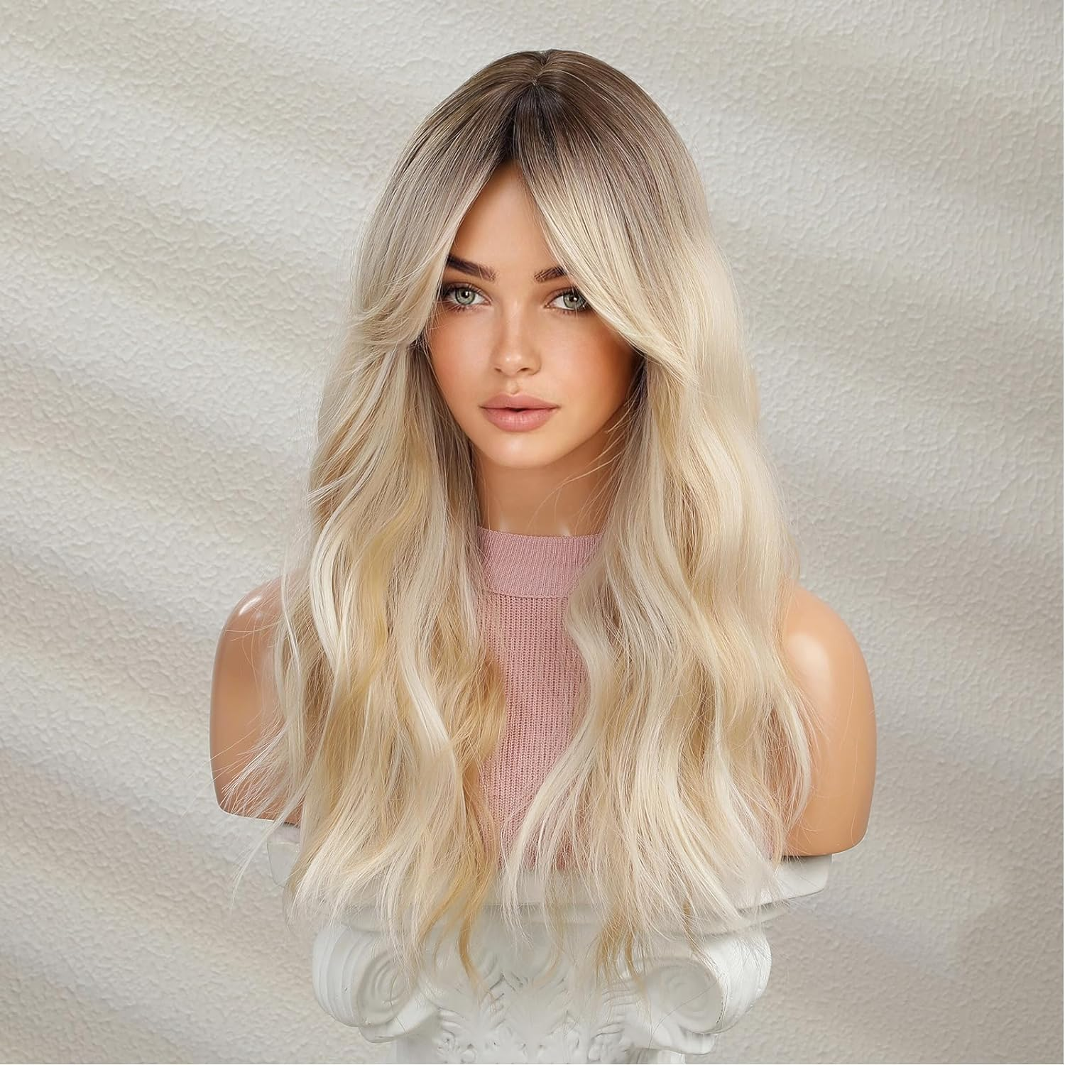Long Ombre Blonde Wavy Wig for Women 24 Inch Middle Part Curly Wavy Wig Natural Looking Synthetic Heat Resistant Fiber Wig for Daily Party Use (Ombre Blonde) image number 2