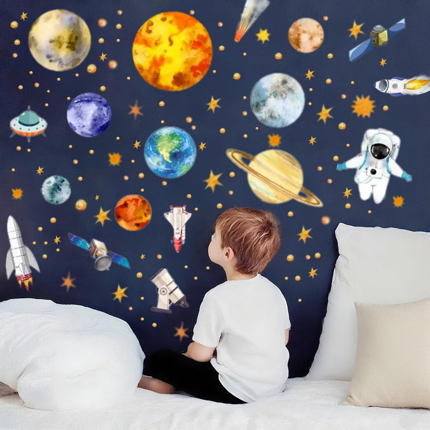 Glow in the Dark Space Stickers - Solar System Planets Stars Rocket Astronaut - Self-Adhesive Wall Ceiling Decals for Kids Bedroom Nursery Decor - Easy to Apply