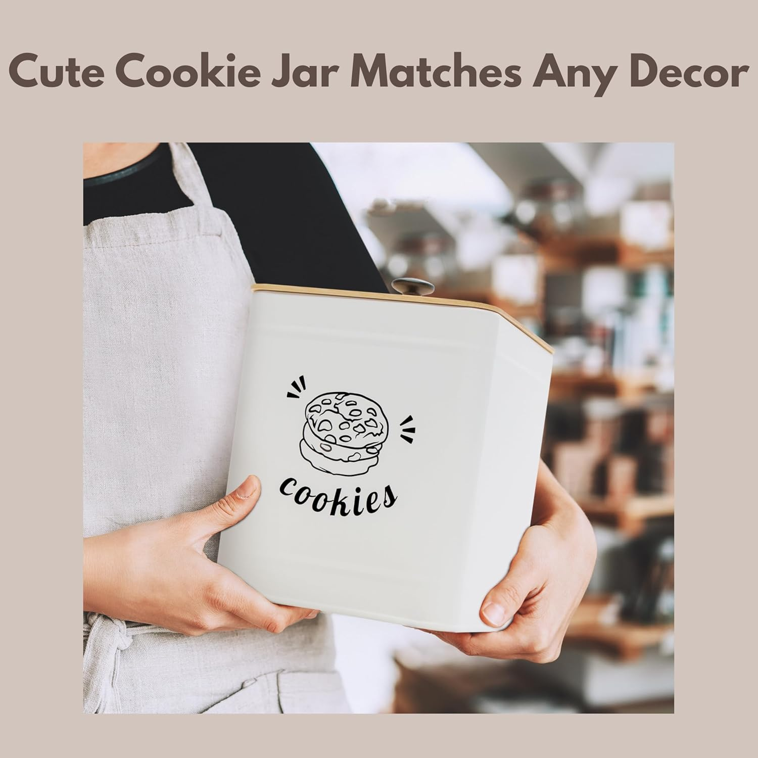 PERFNIQUE 3.5L Cookie Jar with Lid Airtight, Cookie Tin with Bamboo Lid, Cute Cookie Jars for Kitchen Counter Decorative, Food Storage Container for Candy, Cookies, Dessert, Farmhouse Home Decor - White image number 6