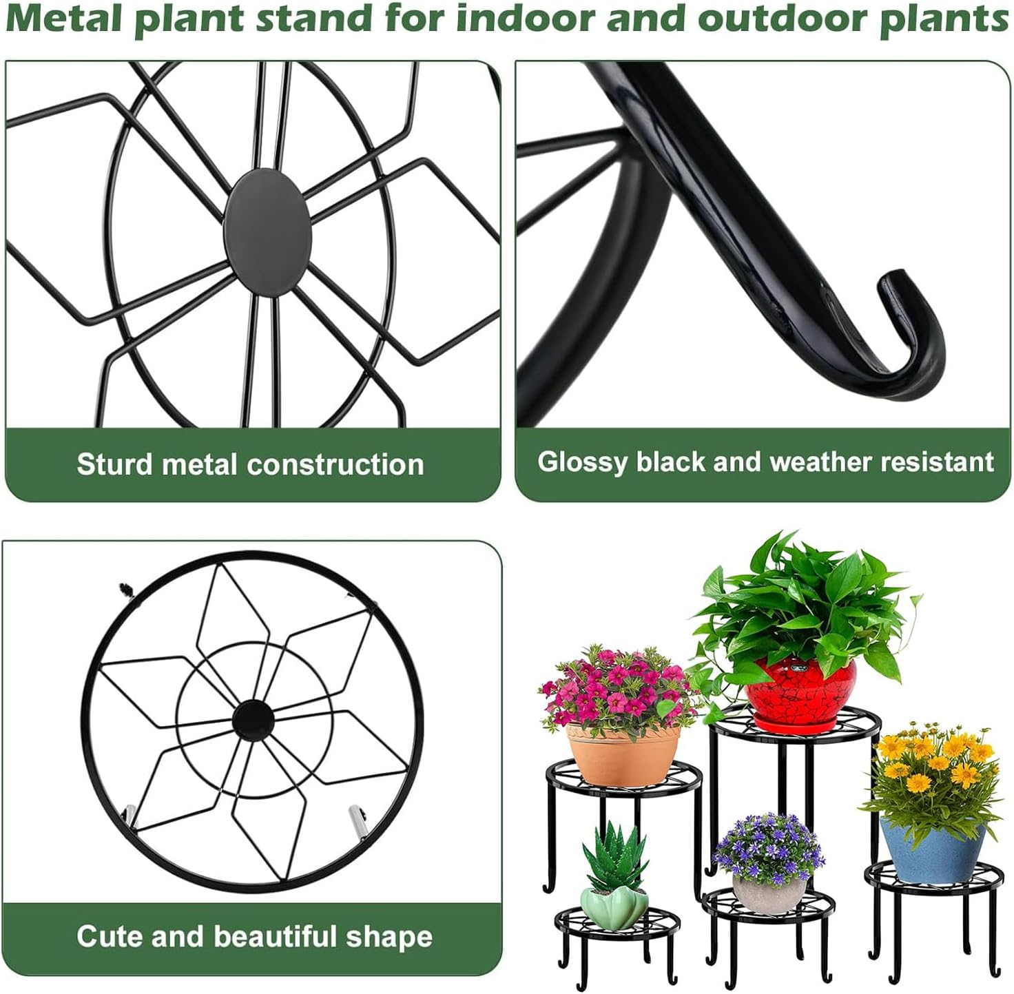 Yharnamite 5 Pcs Metal Plant Stands, Plant Stand, Heavy Duty Flower Pot Holder Rack, Outdoor Indoor Planter round Shelf for Home, Patio & Garden Decor image number 2