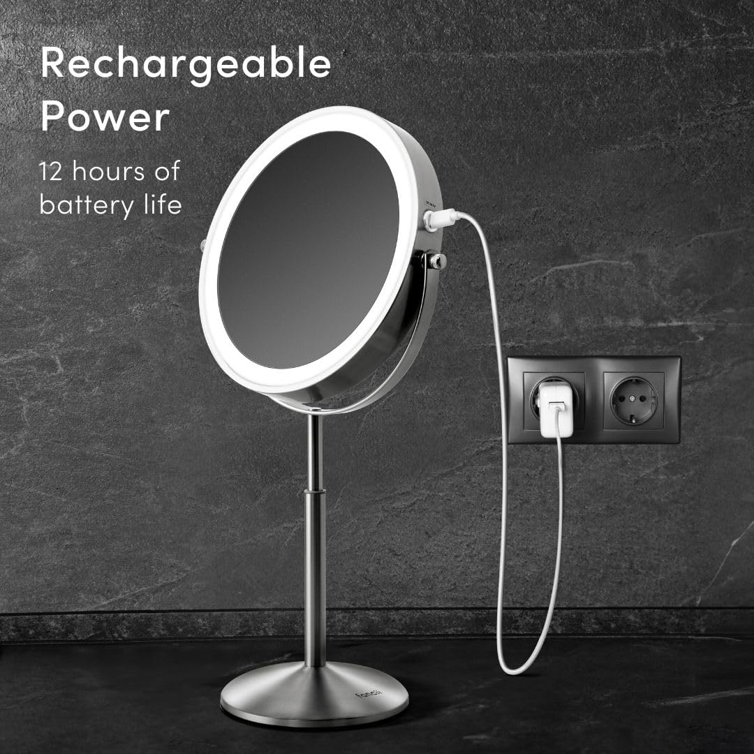 Fancii 8 Inch Lighted Makeup Mirror with Magnification, 10X /1X - Height Adjustable, Rechargeable, Double Sided LED Vanity Mirror with Light and Stand, 360&deg; Swivel (Hailey) image number 3