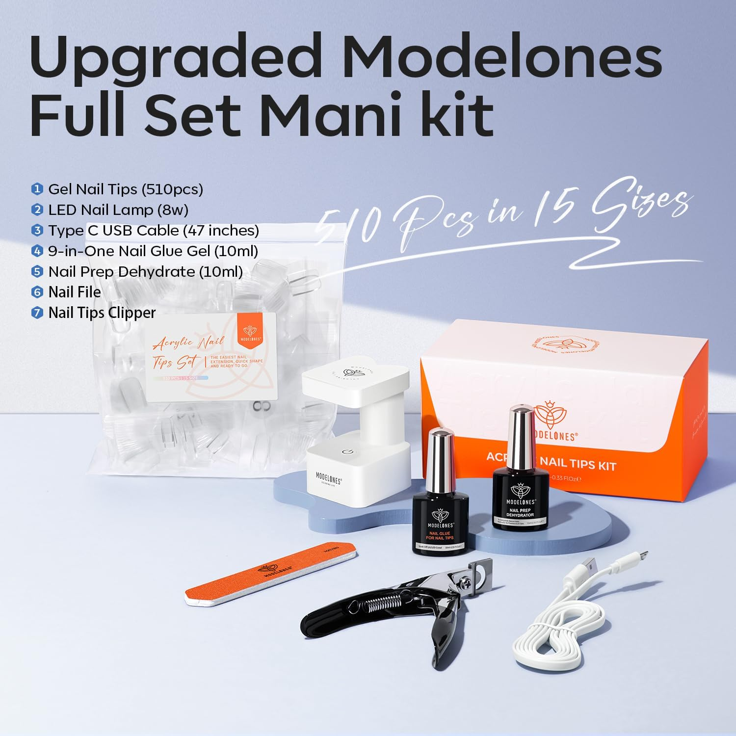 Modelones Gel Nail Kit Short Coffin, Upgrade 510Pcs Fake Nails 15Sizes, 9-In-One Glue Prep Dehydrator & Mini U V Light Clipper, Pre-Shaped Half Matte Press on Short Coffin Tips for DIY Salon image number 3