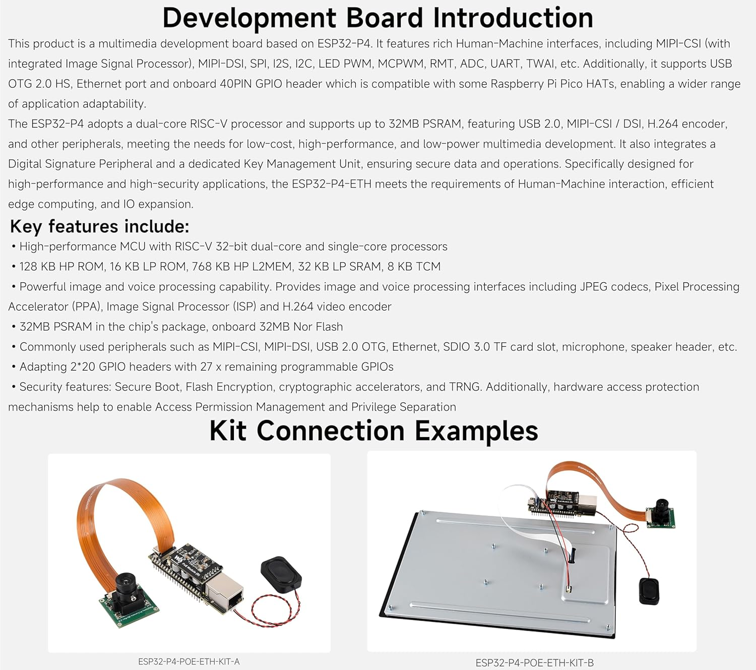 ESP32-P4-ETH Development Board with Pre-Soldered Header, Based on ESP32-P4 +100 Mbps RJ45 Ethernet Port, Rich Human-Machine Interfaces, Supports AI Speech Interaction, with Poe Module (3 Items) image number 2