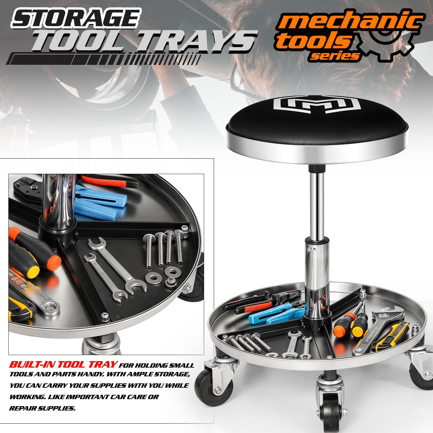 M-AUTO Pneumatic Rolling Mechanic Stool with Wheels 250-Pound Capacity Creeper, 18" to 23" Adjustable Height Mobile Garage Shop Seat with Detachable Tool Tray Storage, Black image number 3