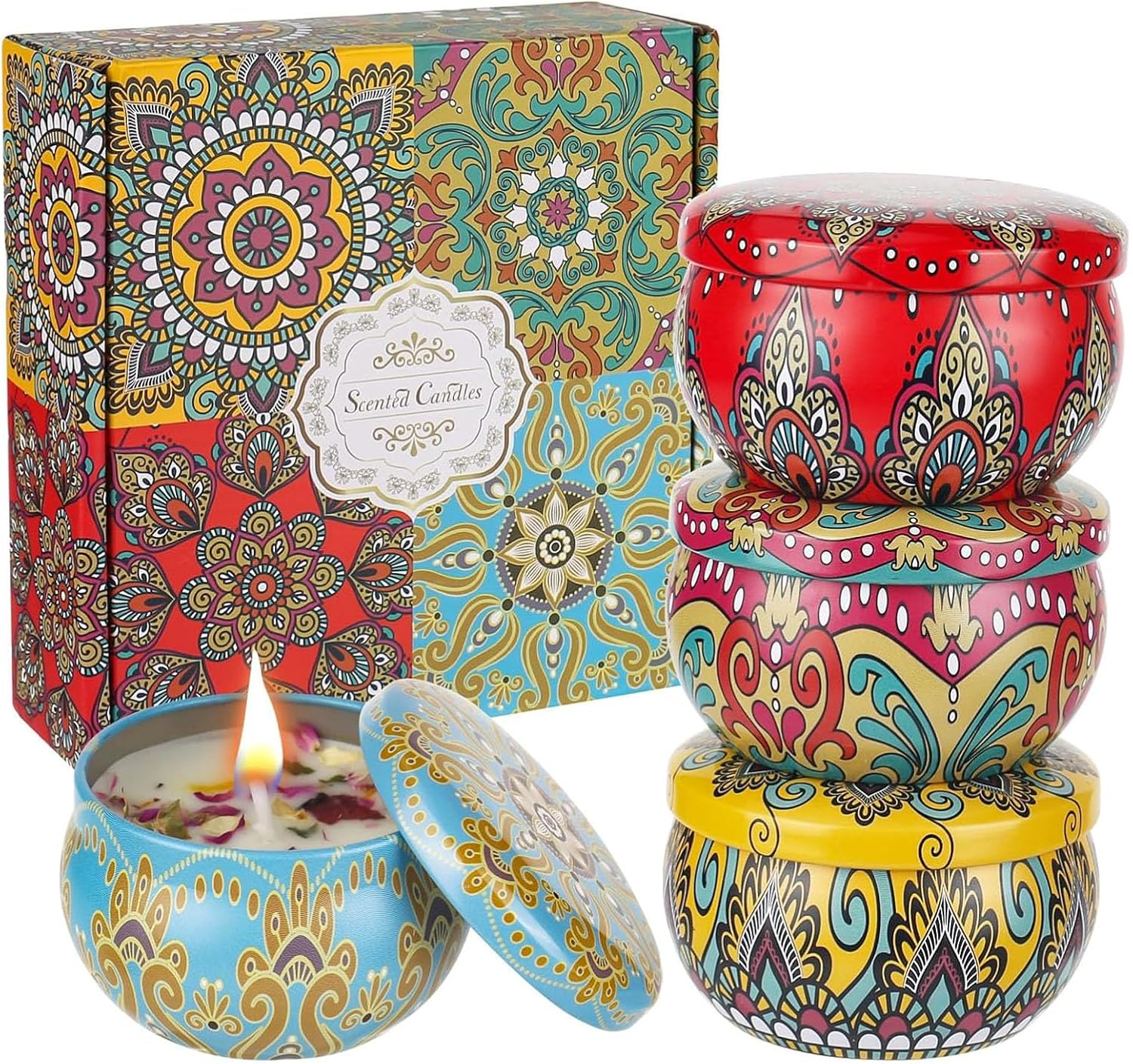 Scented Candles Gift Set, 4 Pack Scented Candles Ethnic Style Four Piece Set, Made from Natural Soy, for Stress Relief, Body Relaxation, Suitable for Lliving Room, Bedroom, Study, Bathroom