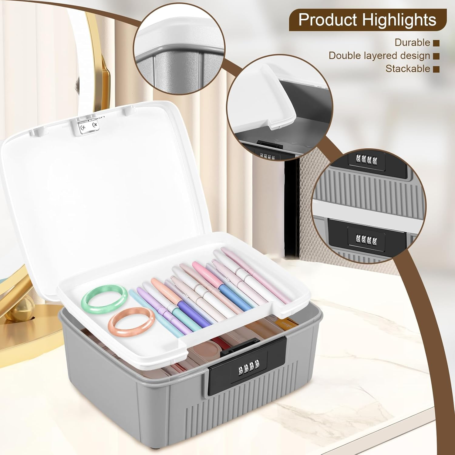 Lockable Storage Container, 6L Robust Organizer Document and ID Box with Combination Lock Design, Double Layer Password Storage Locking Box with Built in Removable Tray for Office (White) image number 6