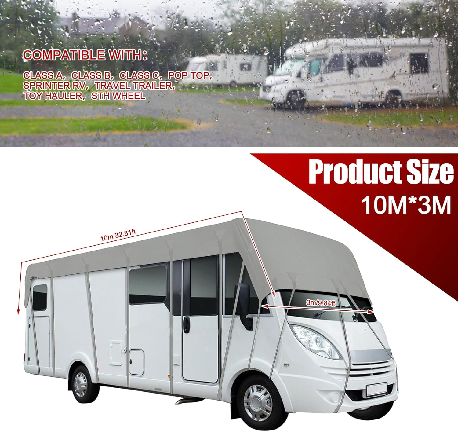 Waterproof Caravan Cover, 210D Oxford Cloth Caravan Protective Roof Cover, 3X10/11/12/13 Meters Silver Coated Lining RV Top Tarpaulin for Trailer (3X10M) image number 4