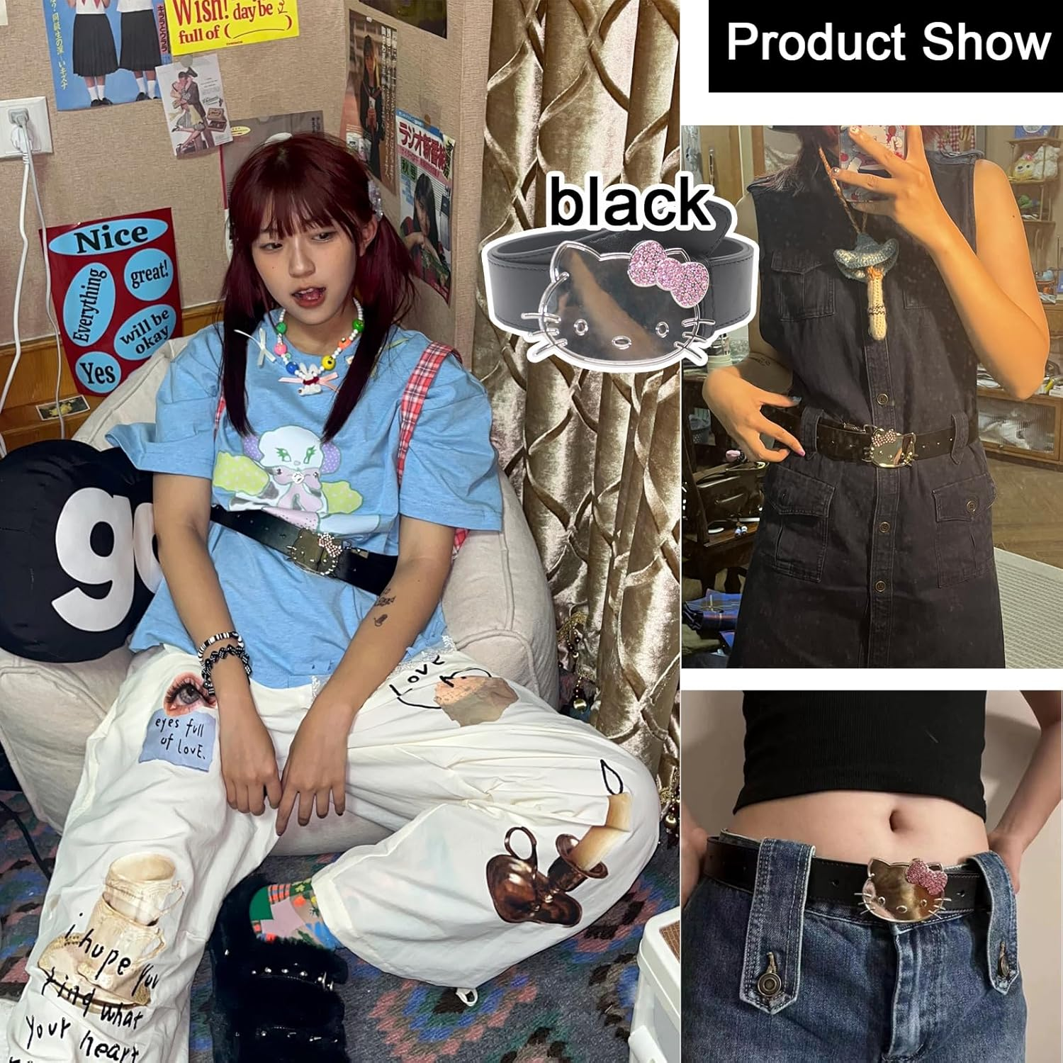 Kitty Cat Y2K Hip Hop Korean Belt for Women - Jeans Skirt Accessory - 105 * 3.3 Cm/41.3 * 1.3 In - Pink image number 5