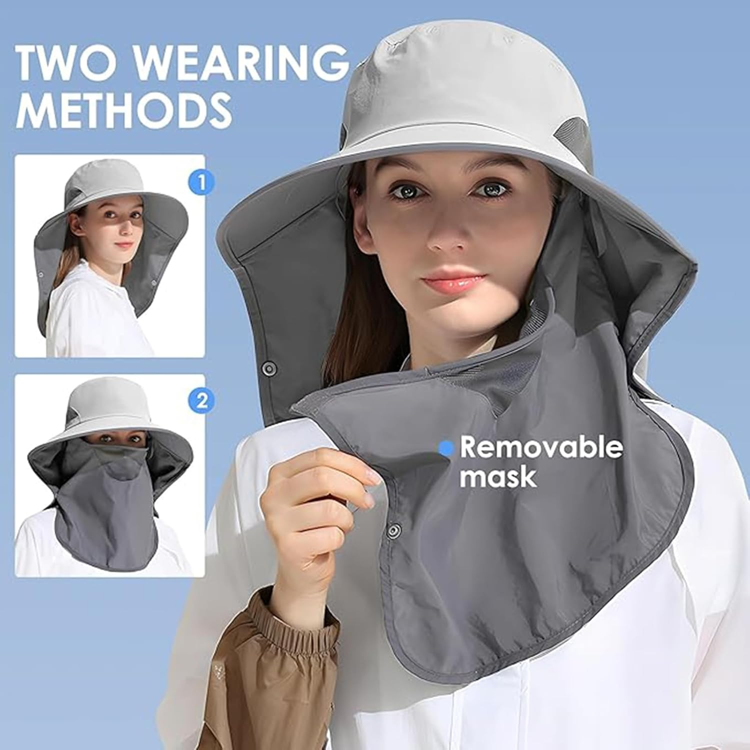 Outdoor Sun Hat Detachable Neck Face Flap UPF 50+UV Protection Visor Fishing Hats with Neck Flap for Men & Women Light Gray image number 5