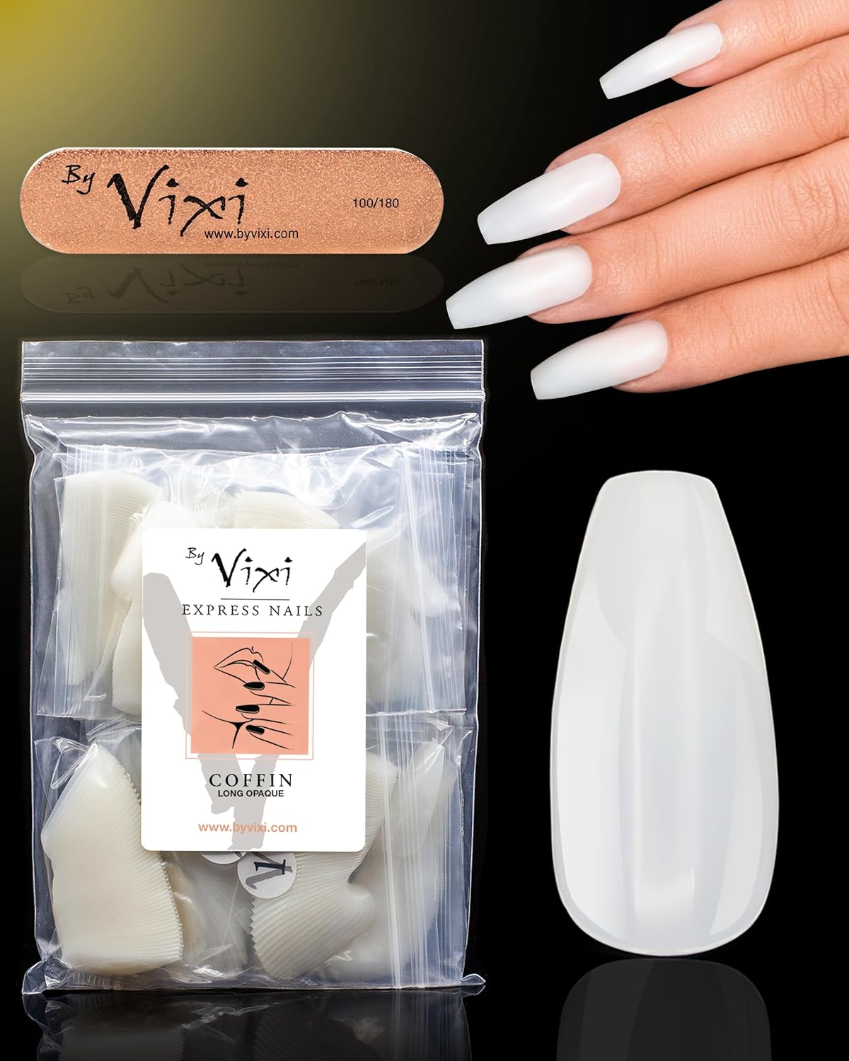 By Vixi 500 LONG COFFIN/BALLERINA NAIL SET with PREP FILE, 10 Sizes - Opaque Express Full Cover False Fingernail Extensions for Salon Professionals & Home Use