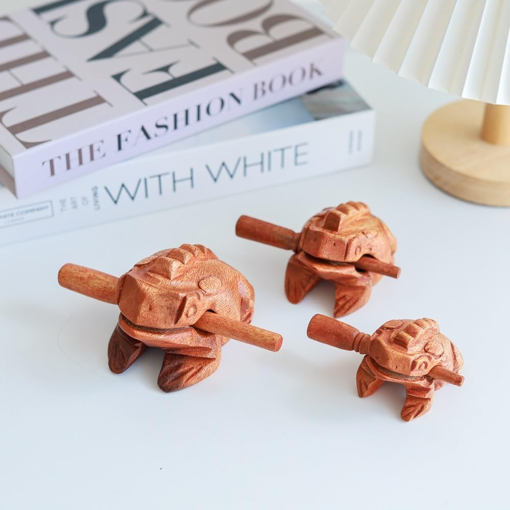 Brown Thai Percussion Instruments Wooden Frog 3 Pcs Set of 4 Inch Frog, 3 Inch Frog, 2.25 Inch Frog, Wooden Frog Musical Instrument Home Decor (Brown Color) - Brown Color image number 2