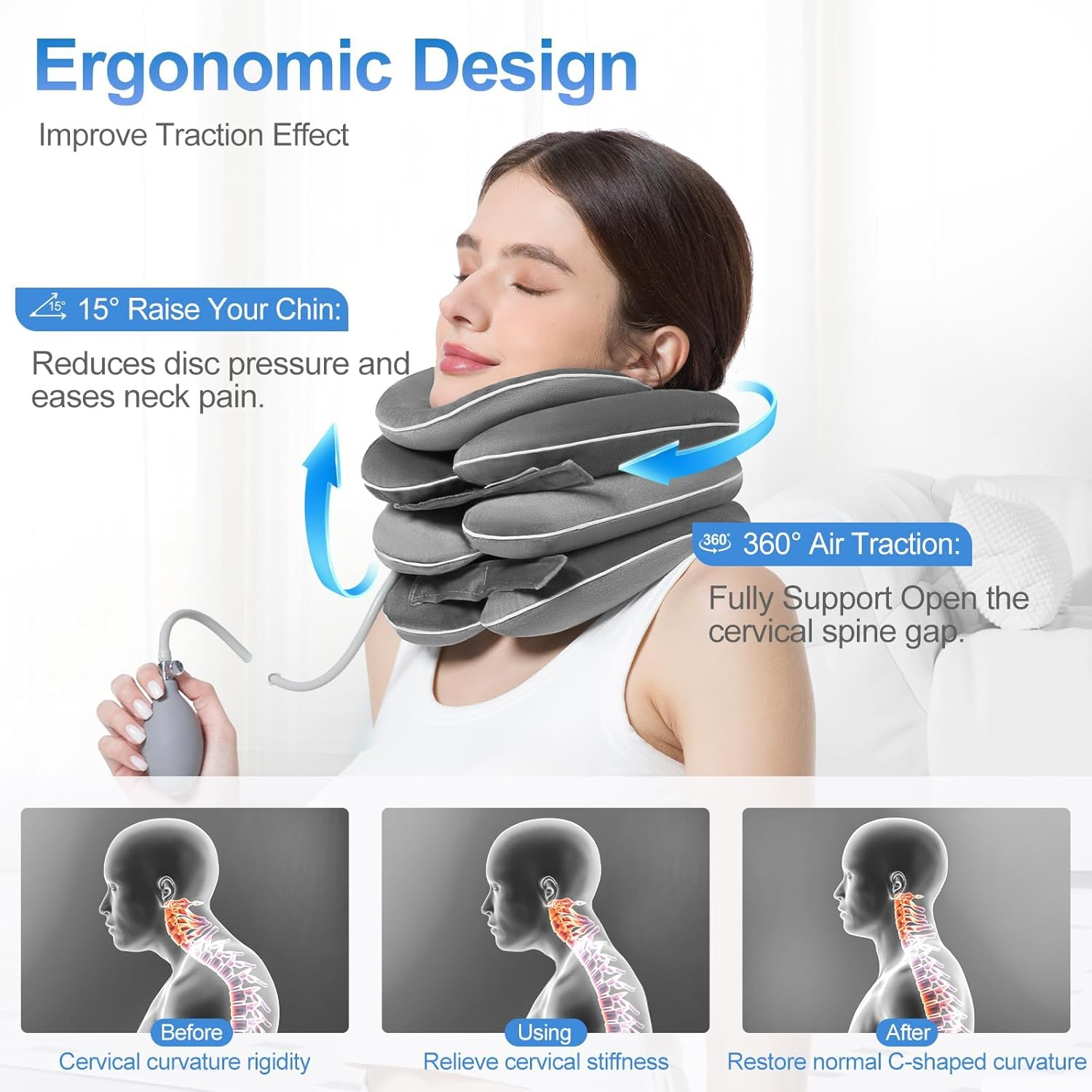 RAFSUN Inflatable Neck Stretcher with Brace - Adjustable Cervical Traction Device for Neck Pain Relief, 3-Layer Decompression Pillow, Washable & Breathable, for Men & Women, Grey image number 5