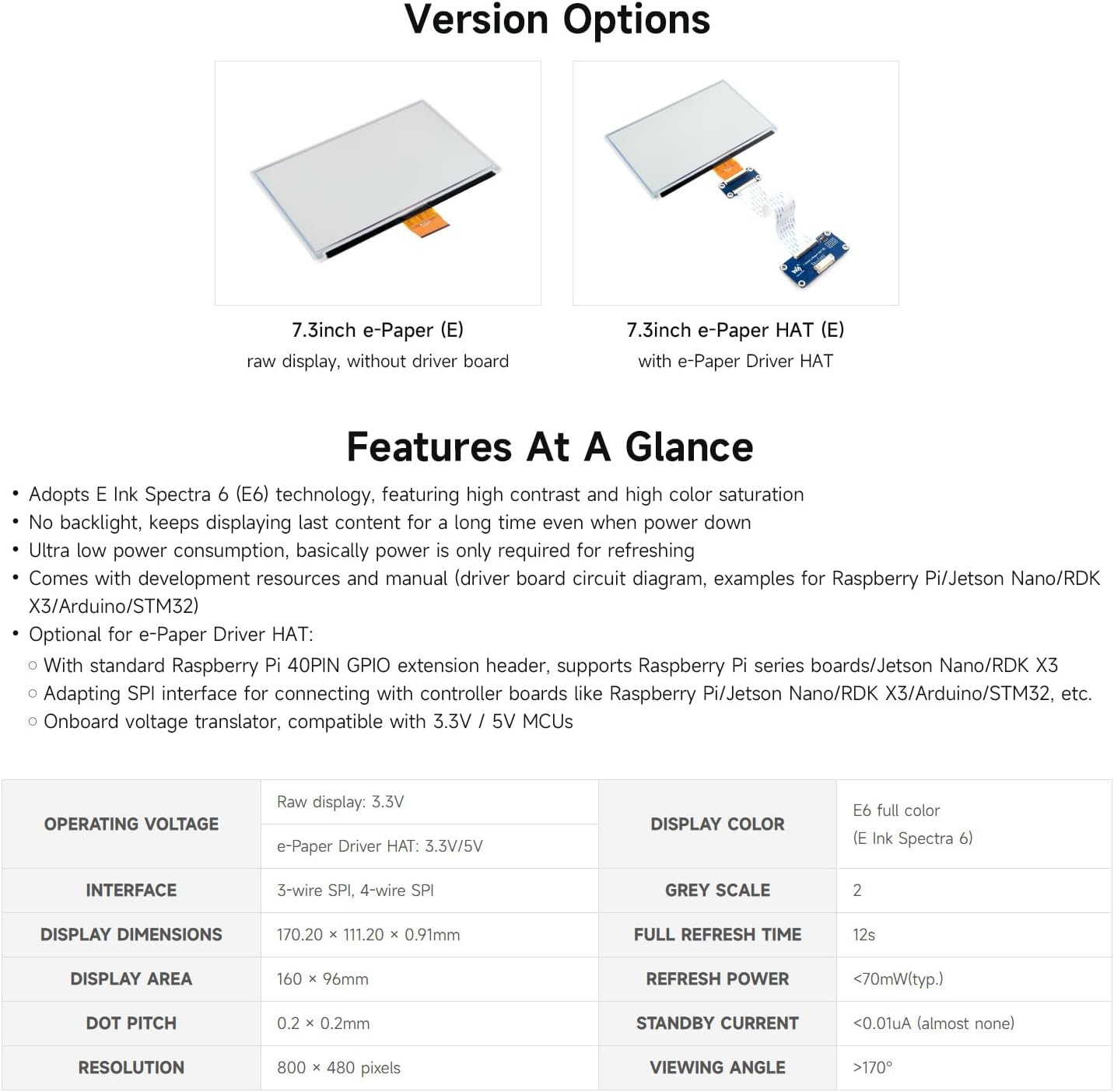 Waveshare 7.3Inch 6-Color E-Paper Display Module, Compatible with Raspberry Pi 5/4B/3B/Zero/Zero W/Zero 2W/Pico/Pico W/Pico WH, Support Jetson Nano/Jetson Orin Nano image number 2