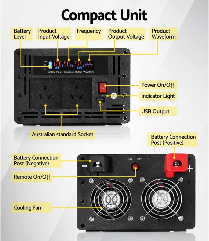 Giantz Power Inverter, 2500W/5000W 12V-240V Electric Portable Pure Sine Wave Inverters Adapter Converter Camping Car Boat Caravan Laptop Accessories, Convenient USB Output Silver image number 1