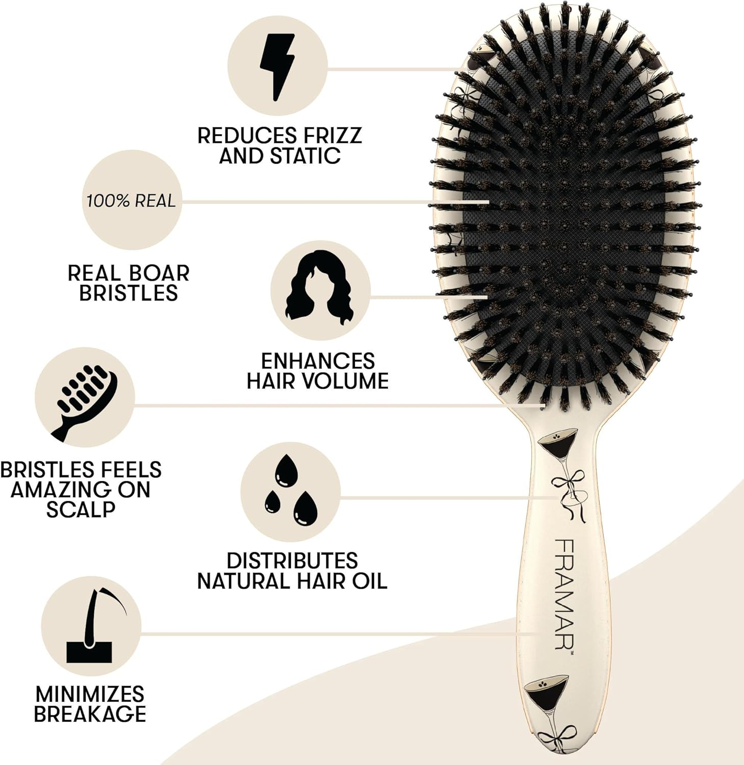 FRAMAR Boar Bristle Hair Brush &ndash; Slick Back Hair Brush for Women, Boar Bristle Brush, Slick Back Brush, Hairbrush Women, Brosse a Cheveux, Boar Brush for Volume and Shine &ndash; Espresso Martini image number 6