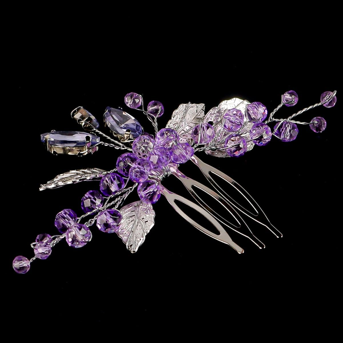 Laroal Elegant Bridal Leaf Crystal Rhinestone Hair Comb Headband - Purple and Silver Wedding Tiara for Women Girls Bridesmaids (14 * 7.5Cm) image number 2