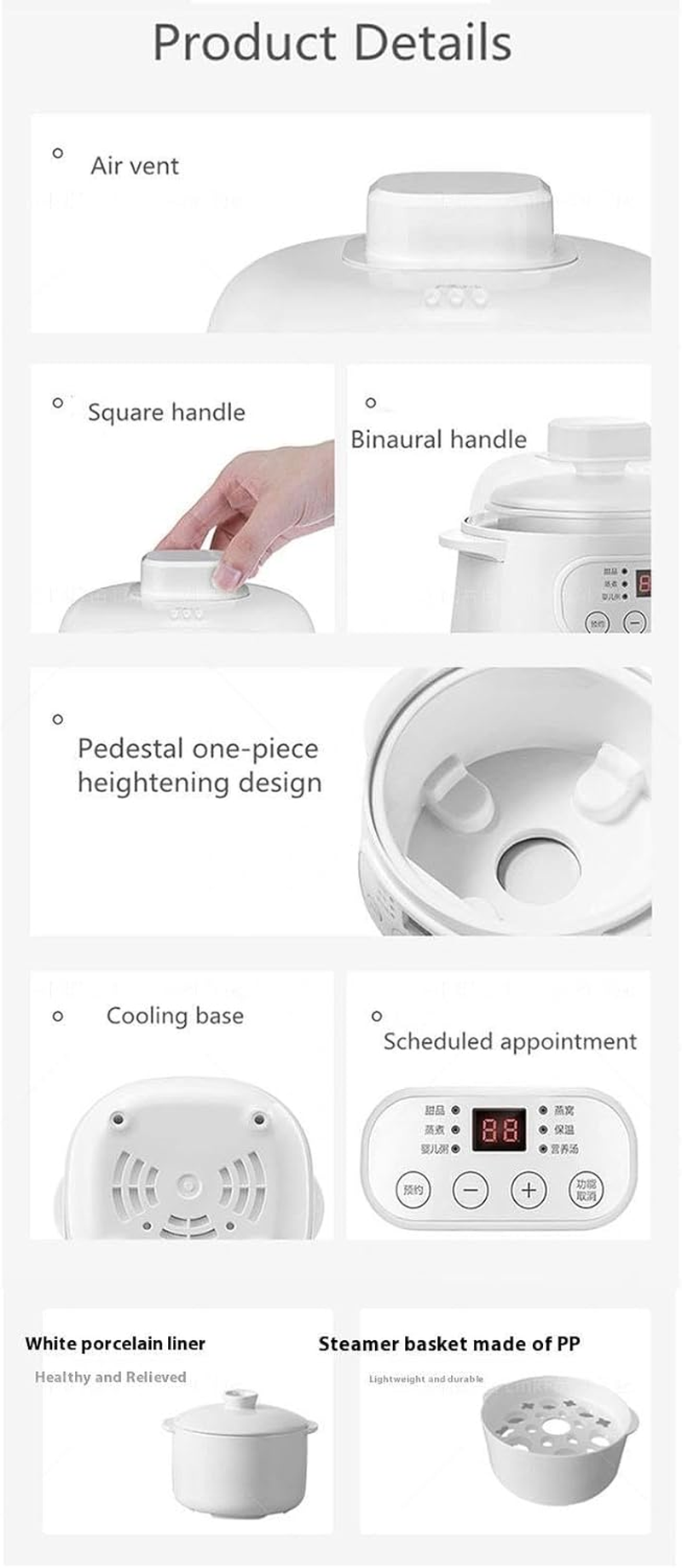 ◉ Electric Stew Pot with Steamer, 1L Mini Ceramic Slow Cookers, 6 Smart Menus | 24H Appointment & No Time Limit Keep Warm | Anti-Dry Burning | Anti-Overflow for Household Stew Pot, Soup, Baby Porridge image number 5