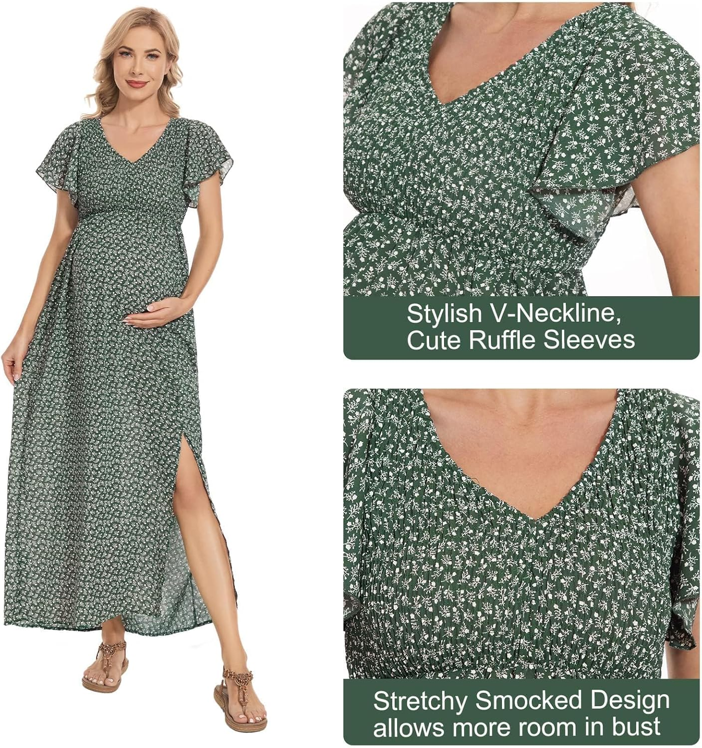 Floral Print V Neck Maternity Dress, Photoshoot Baby Shower Flutter Sleeve Smocked Boho Split A-Line Maxi Dresses image number 4