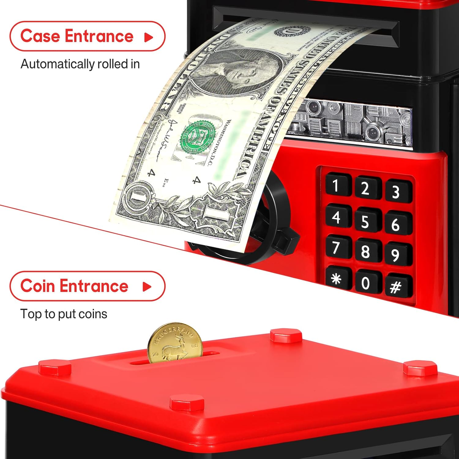 Electronic Piggy Bank for Kids, Money Bank with Password/Cute Mini ATM Piggy Bank Coin Can, Auto Scroll Cash Safe Box, Great and Practical Birthday Gifts for Boys & Girls (Black and Red) - Black image number 2